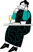 テーブルで食事をする女性のイラスト（シンプル配色）