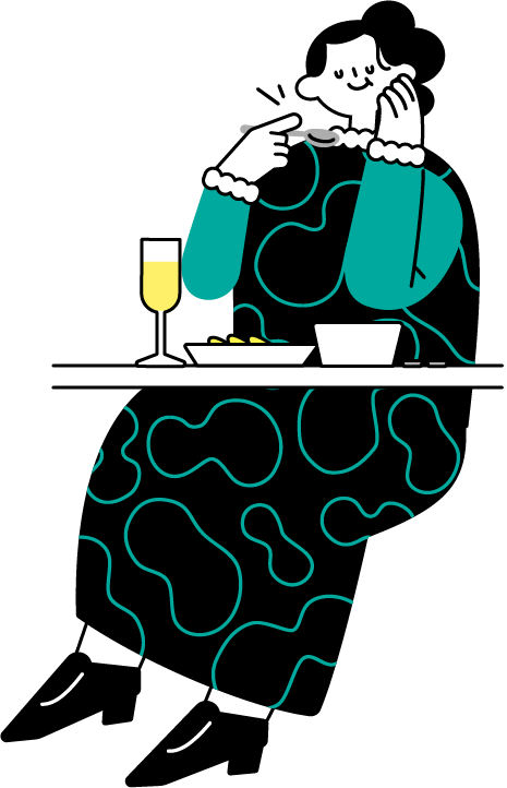 テーブルで食事をする女性のイラスト（シンプル配色）