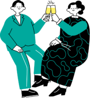 グラスを合わせて乾杯する男女のイラスト（シンプル配色）