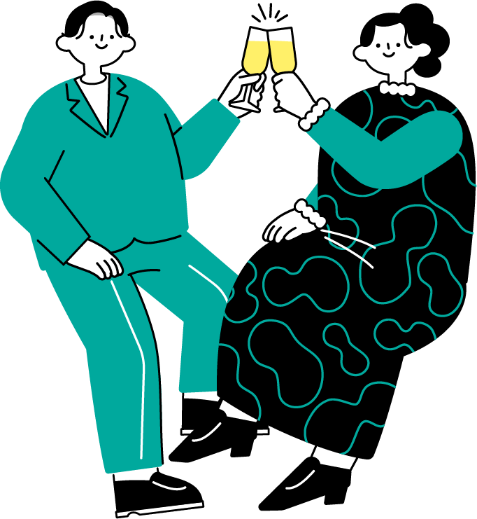 グラスを合わせて乾杯する男女のイラスト（シンプル配色）