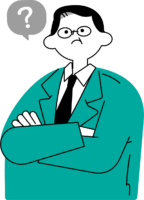 仕事の課題に疑問を持つ中年男性会社員の素材（シンプル配色）