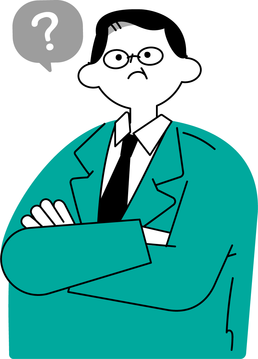 仕事の課題に疑問を持つ中年男性会社員の素材（シンプル配色）