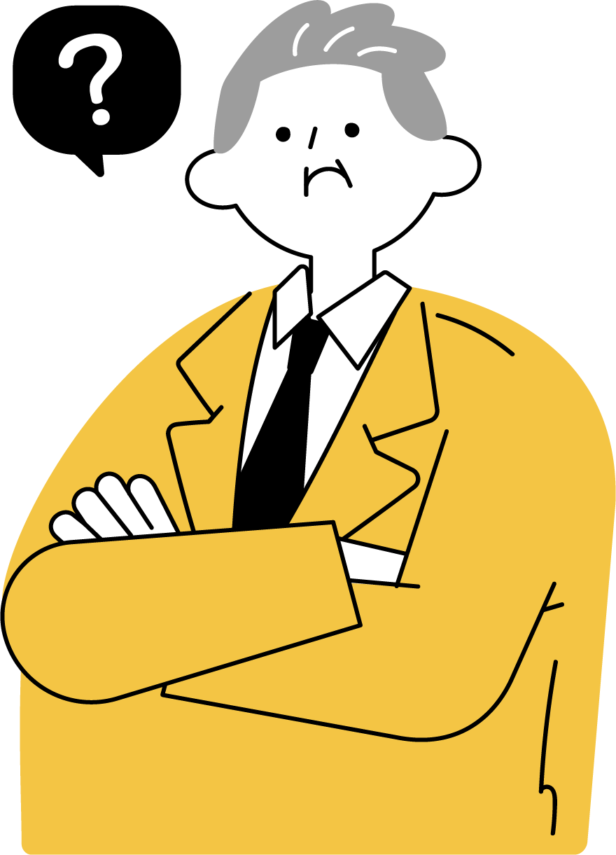 経営について疑問を持つ社長のイラスト素材（シンプル配色）
