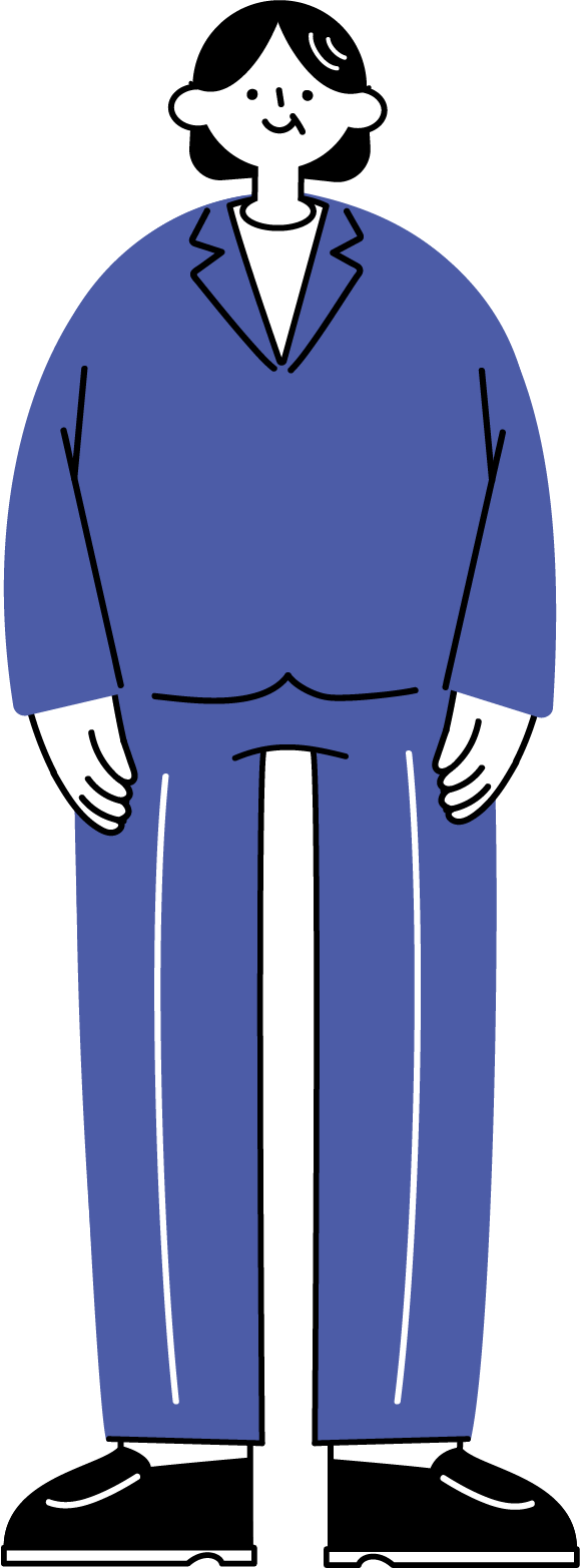 スーツ姿で立っている40代〜50代の女性会社員の全身イラスト（シンプル配色）