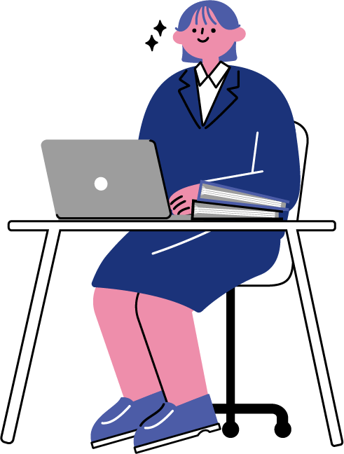 デスクで働く新入社員女性のフリーイラスト（カラフル配色・商用可）