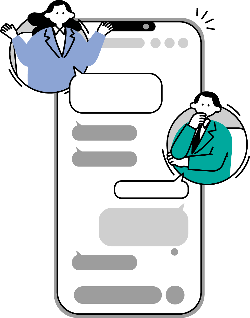 ビジネスチャットでやり取りする2人のフリーイラスト（シンプル配色・商用可）