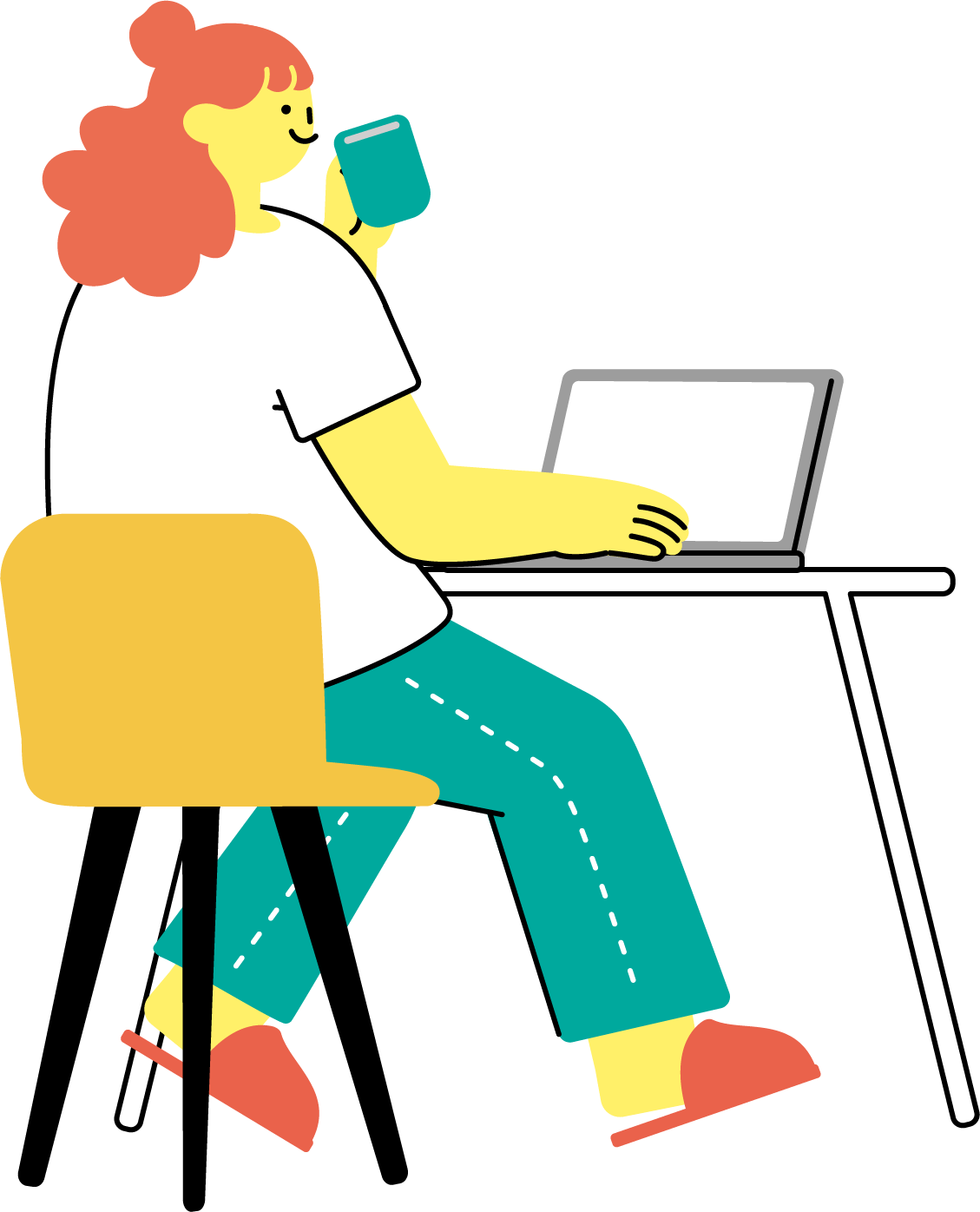 自宅でパソコン作業する女性のフリーイラスト（カラフル配色・商用可）