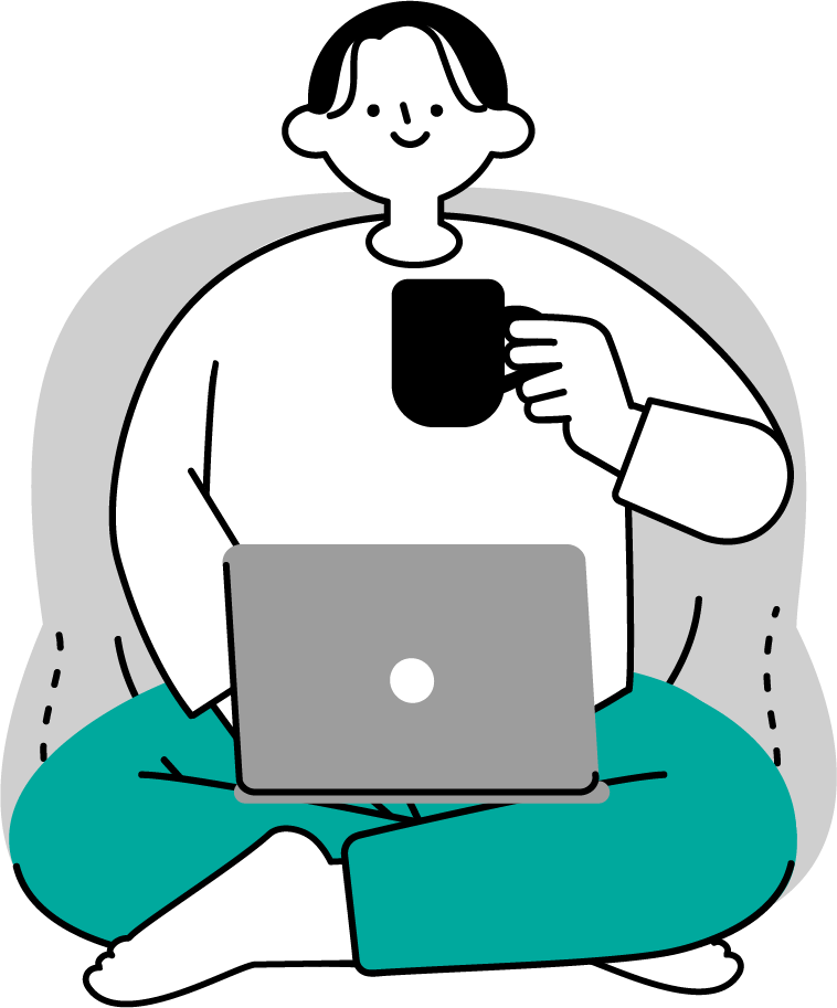 床に座ってパソコン作業する男性のフリーイラスト（シンプル配色・商用可）