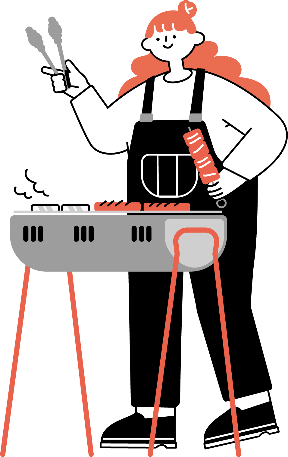 BBQグリルでバーベキューをする女性のフリーイラスト（シンプル配色・商用可）