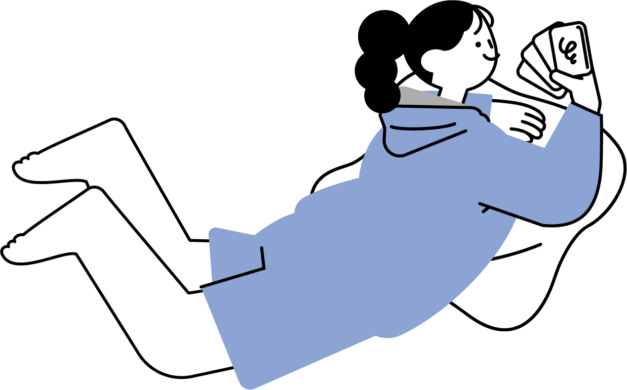 寝転んでトランプをする女性のフリーイラスト（シンプル配色・商用可）