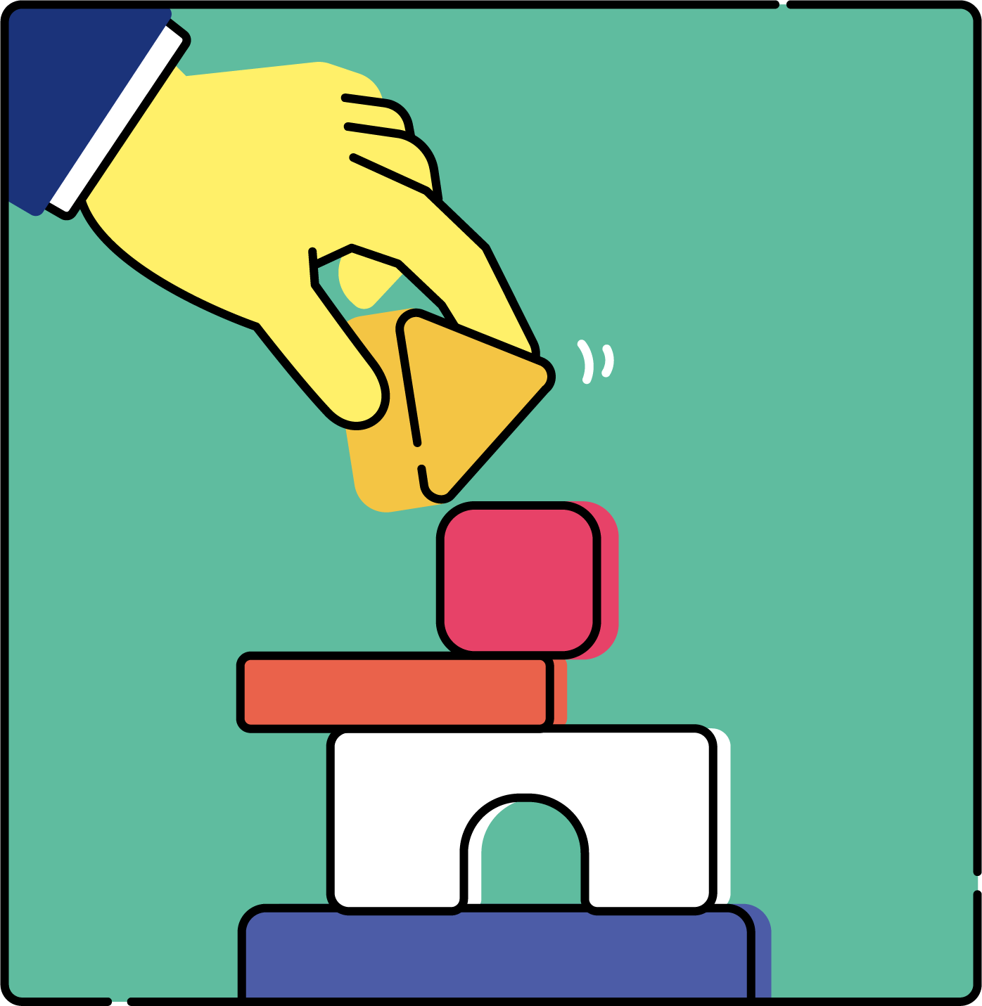 一人で積み木を積み上げる努力のフリーイラスト（カラフル配色・商用可）