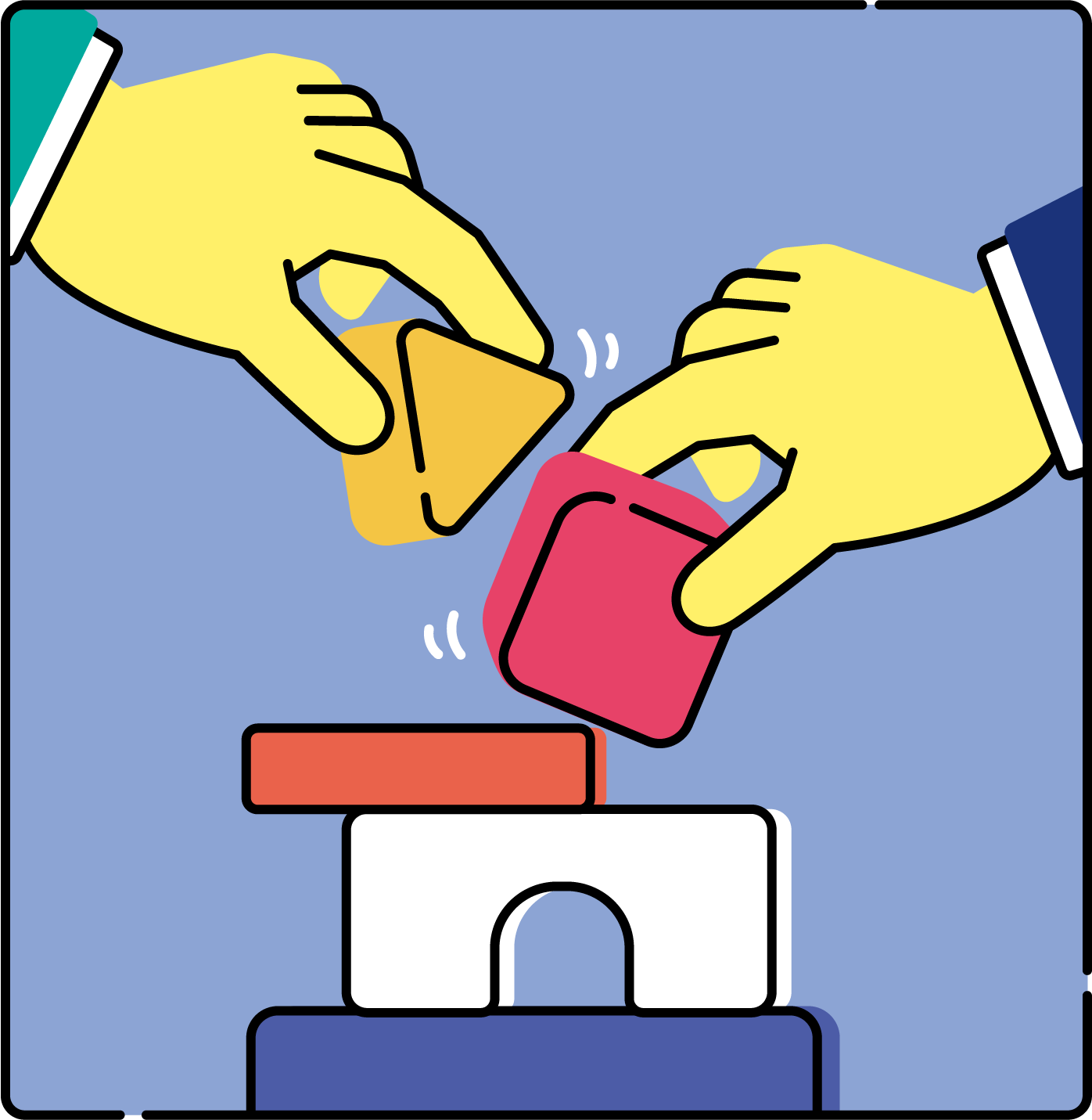2人で積み木を積み上げる協力のフリーイラスト（カラフル配色・商用可）