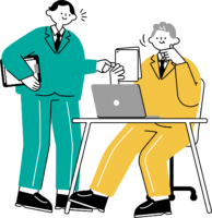 上司に資料を見せて説明する男性のフリーイラスト（シンプル配色・商用可）
