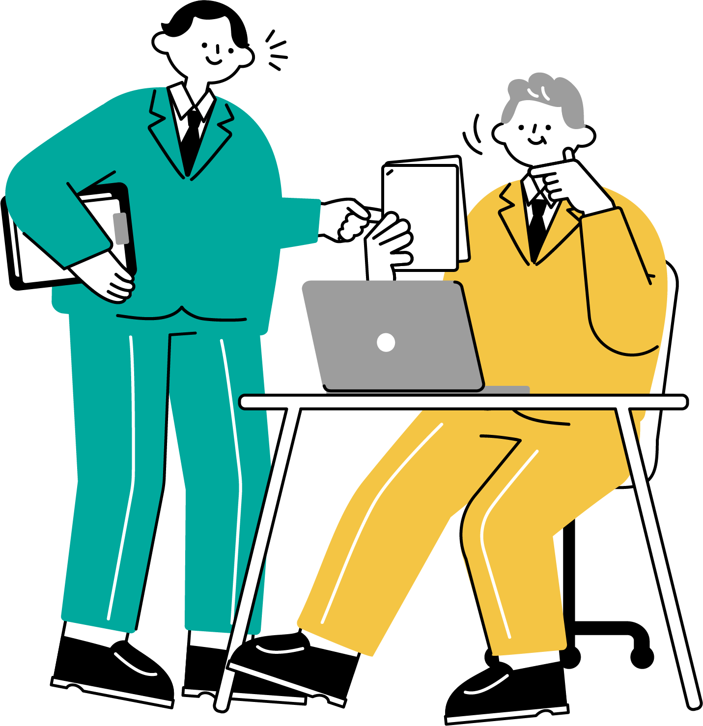上司に資料を見せて説明する男性のフリーイラスト（シンプル配色・商用可）