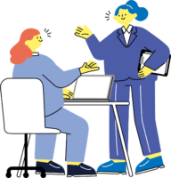 オフィスで会話する2人の女性のフリーイラスト（カラフル配色・商用可）