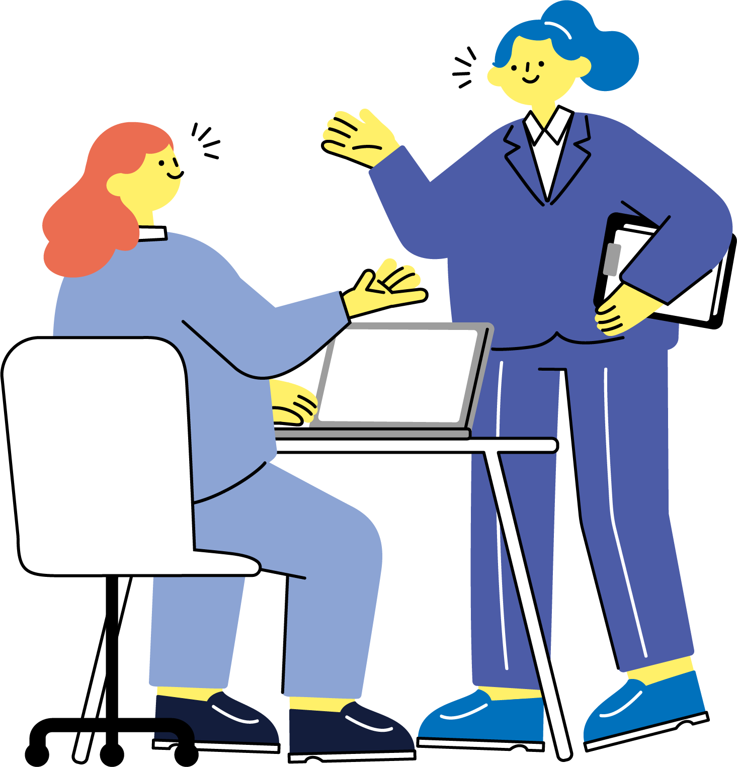 オフィスで会話する2人の女性のフリーイラスト（カラフル配色・商用可）