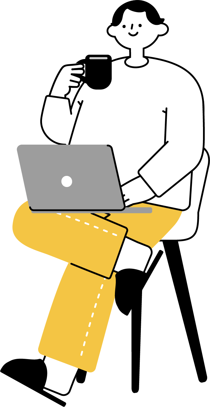 自宅でパソコン作業する男性のフリーイラスト（シンプル配色・商用可）