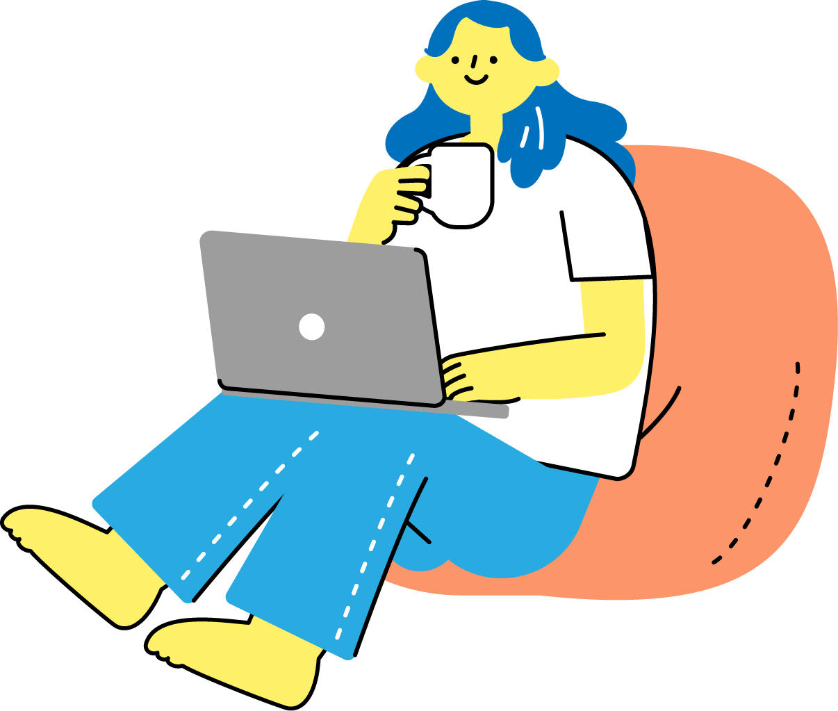 床に座ってパソコン作業する女性のフリーイラスト（カラフル配色・商用可）