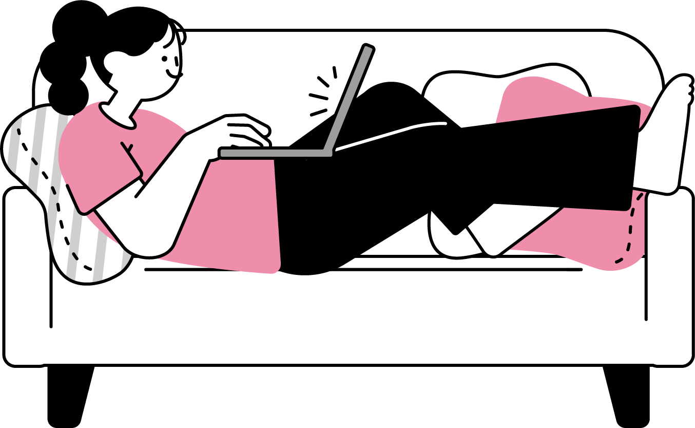 ソファに寝転んでパソコン作業する女性のフリーイラスト（シンプル配色・商用可）