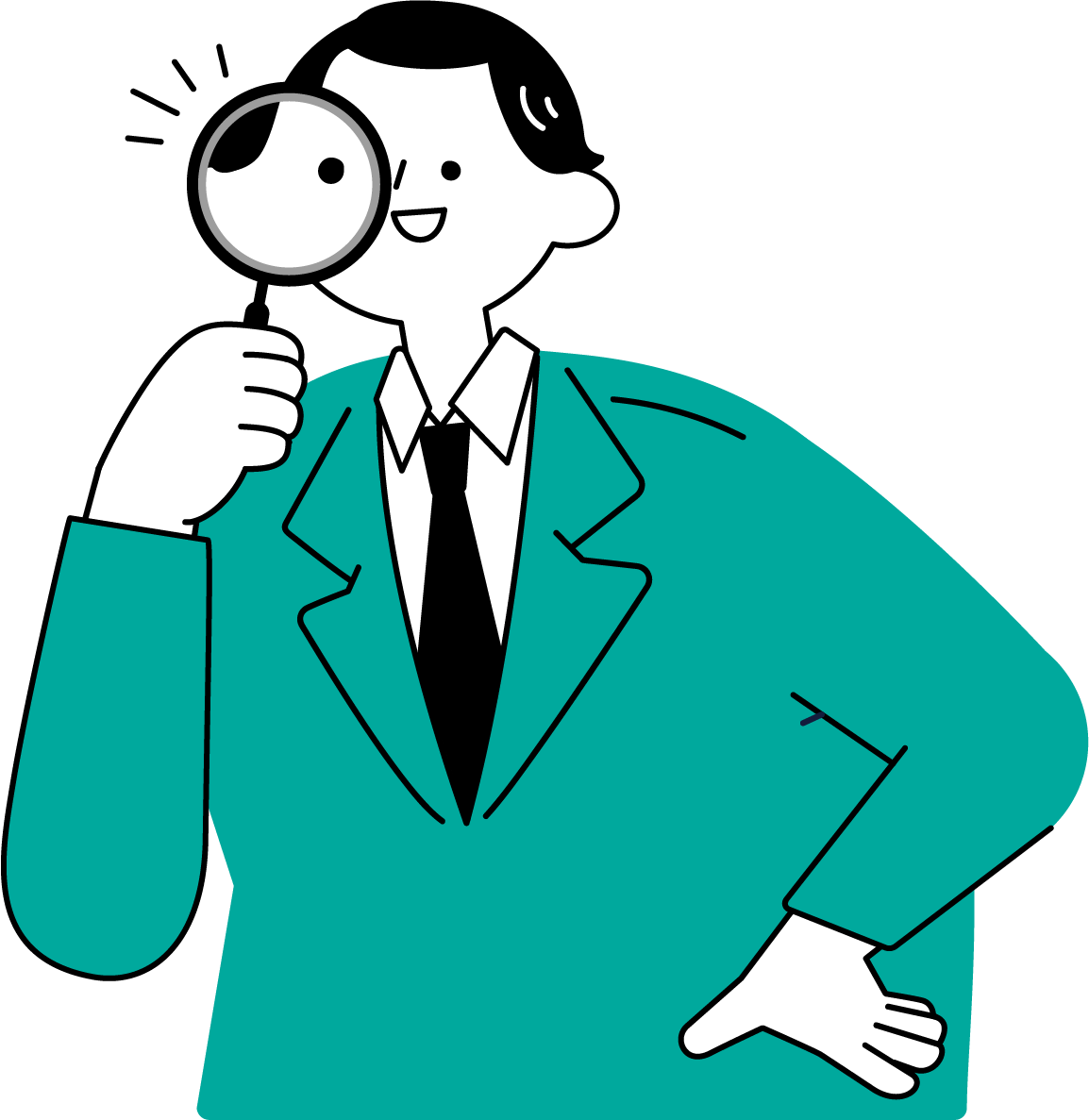虫眼鏡を持ち自信ありげに調べる男性のフリーイラスト（シンプル配色・商用可）