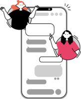 チャットでやり取りする2人の女性のフリーイラスト（シンプル配色・商用可）