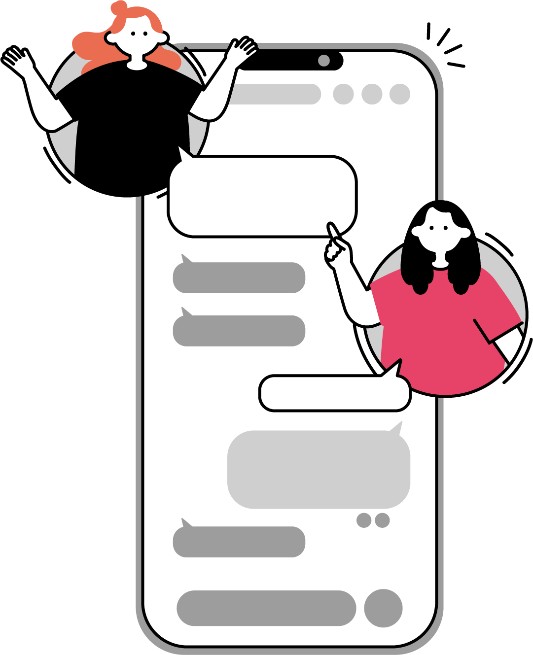 チャットでやり取りする2人の女性のフリーイラスト（シンプル配色・商用可）