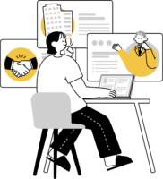 転職先企業をリサーチする女性のフリーイラスト（シンプル配色・商用可）