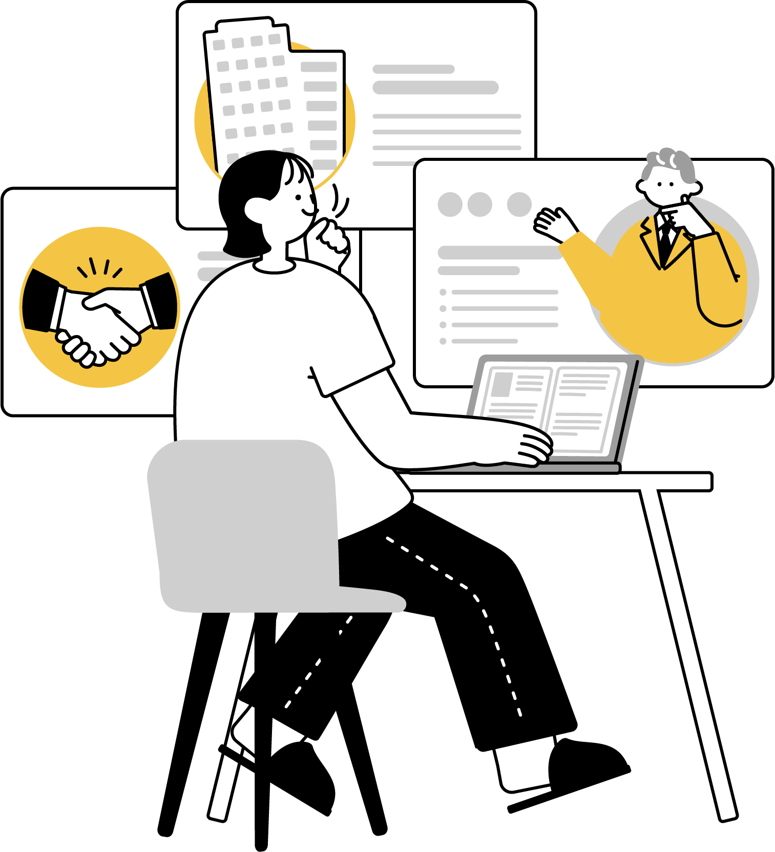 転職先企業をリサーチする女性のフリーイラスト（シンプル配色・商用可）