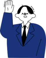 緊張しながら手を挙げる新入社員男性のフリーイラスト（シンプル配色・商用可）