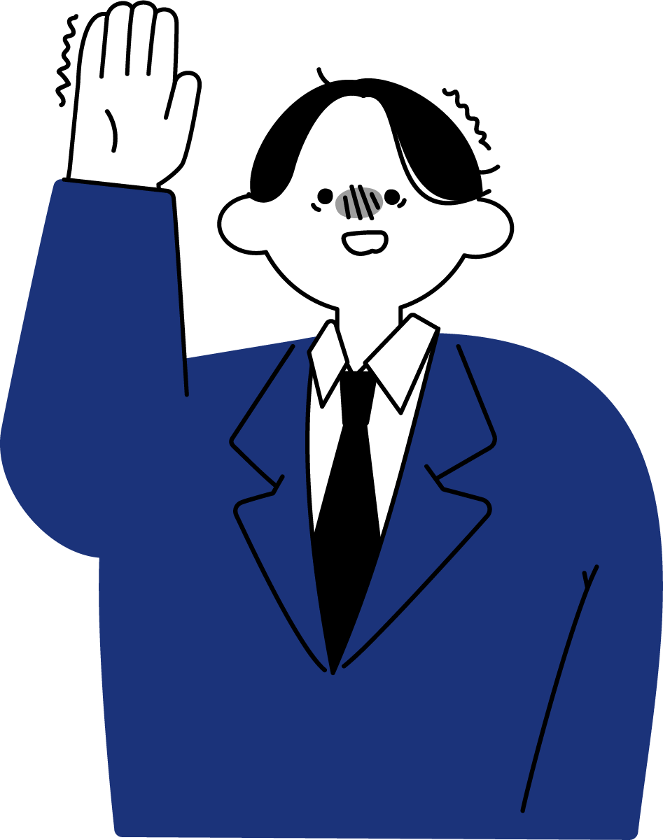 緊張しながら手を挙げる新入社員男性のフリーイラスト（シンプル配色・商用可）