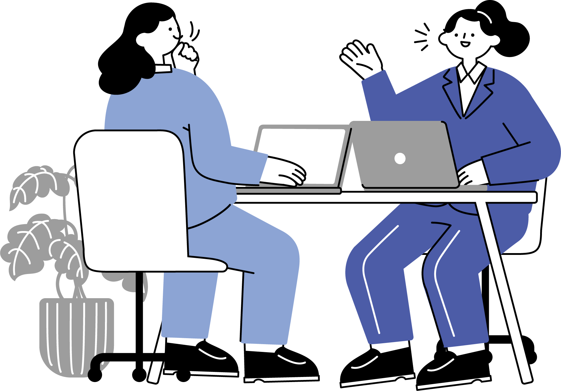 1on1ミーティングで話し合う2人の女性のフリーイラスト（シンプル配色・商用可）