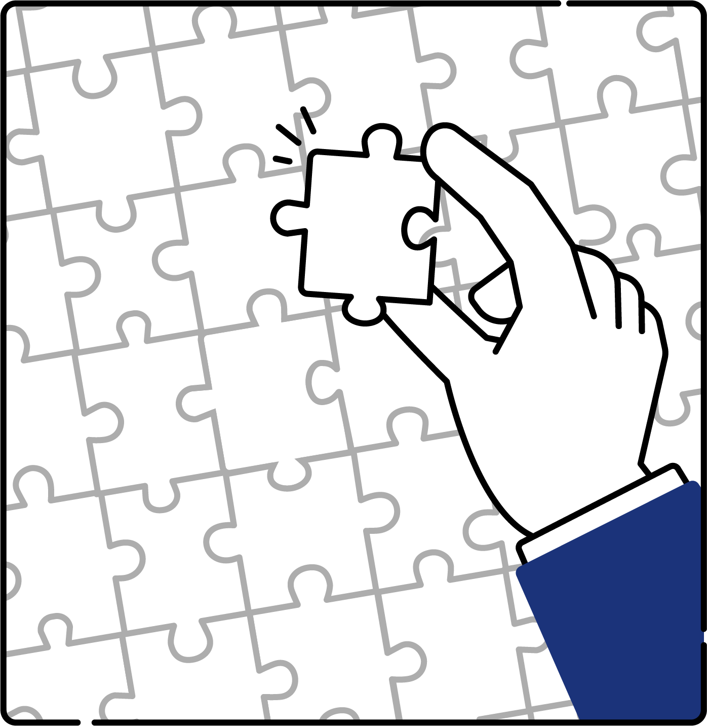 パズルのピースをはめる問題解決のフリーイラスト（シンプル配色・商用可）