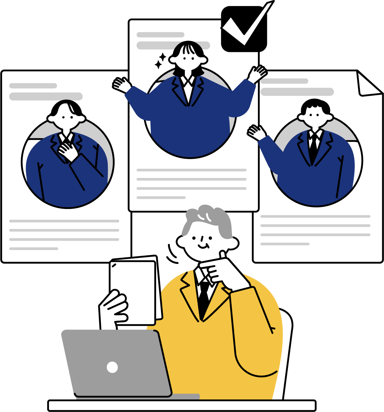 採用候補者を選考する人事担当のフリーイラスト（シンプル配色・商用可）