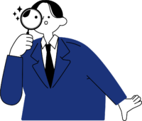 虫眼鏡で発見する新入社員男性のフリーイラスト（シンプル配色・商用可）