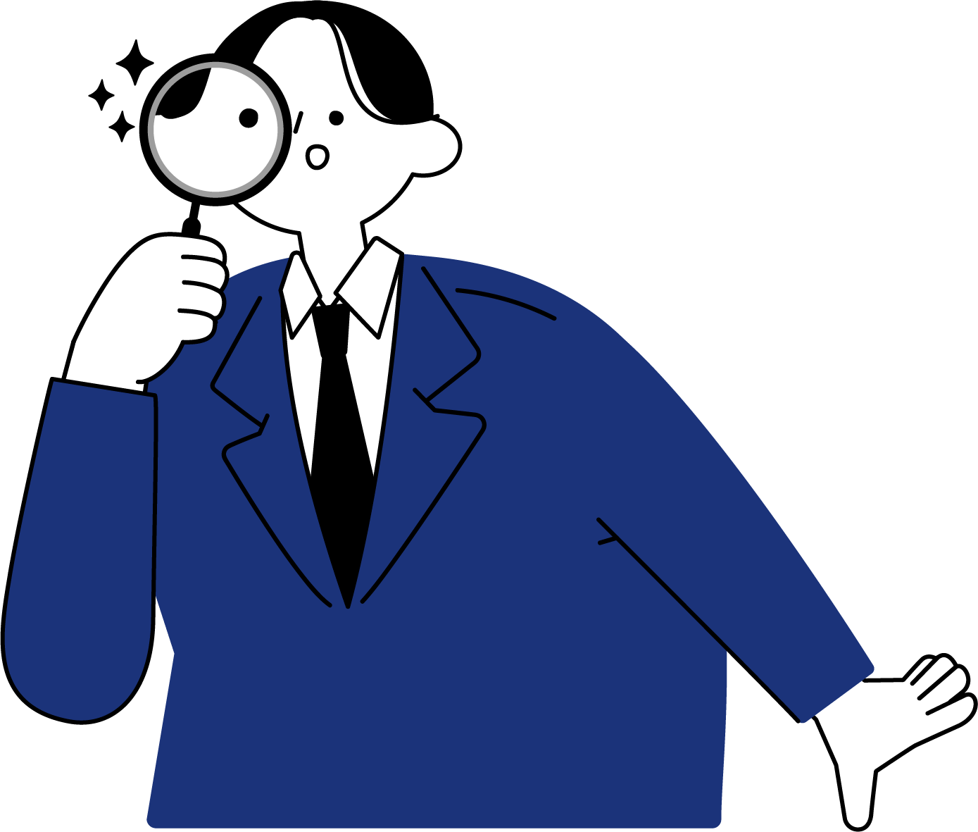 虫眼鏡で発見する新入社員男性のフリーイラスト（シンプル配色・商用可）