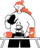 ハンドドリップコーヒーを淹れる女性のフリーイラスト（シンプル配色・商用可）