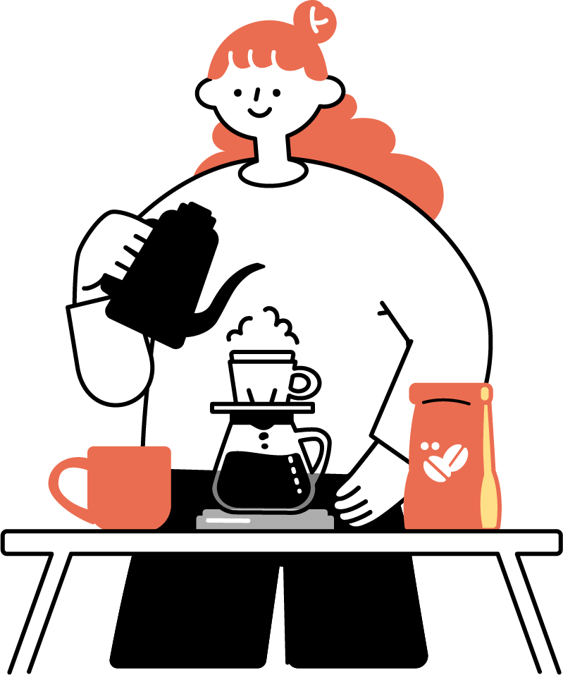 ハンドドリップコーヒーを淹れる女性のフリーイラスト（シンプル配色・商用可）