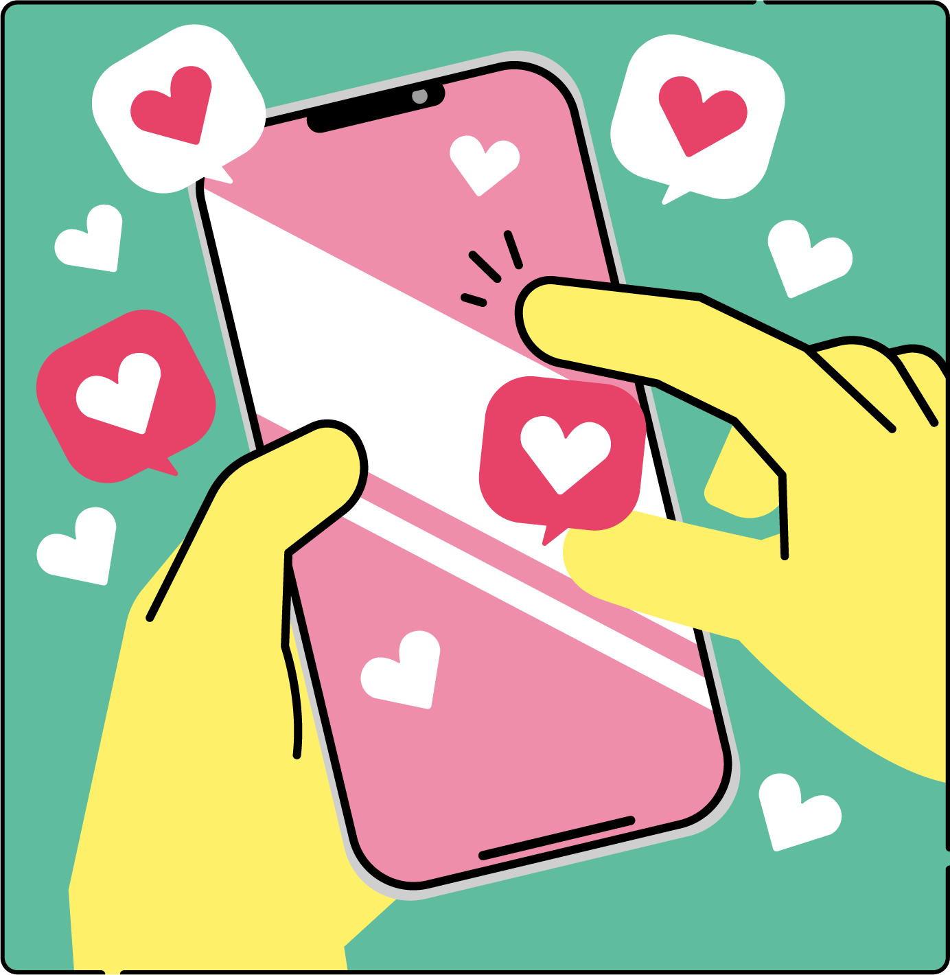 SNSでいいねが広がるスマートフォンのフリーイラスト（カラフル配色・商用可）