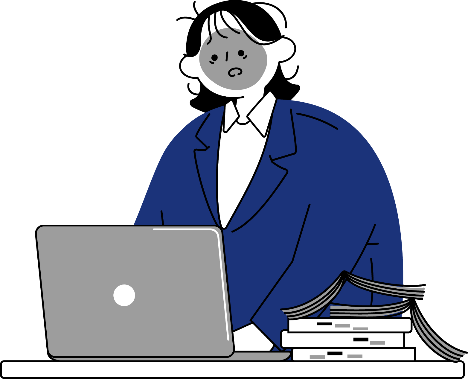 仕事量に圧倒されて困惑する女性のフリーイラスト（シンプル配色・商用可）