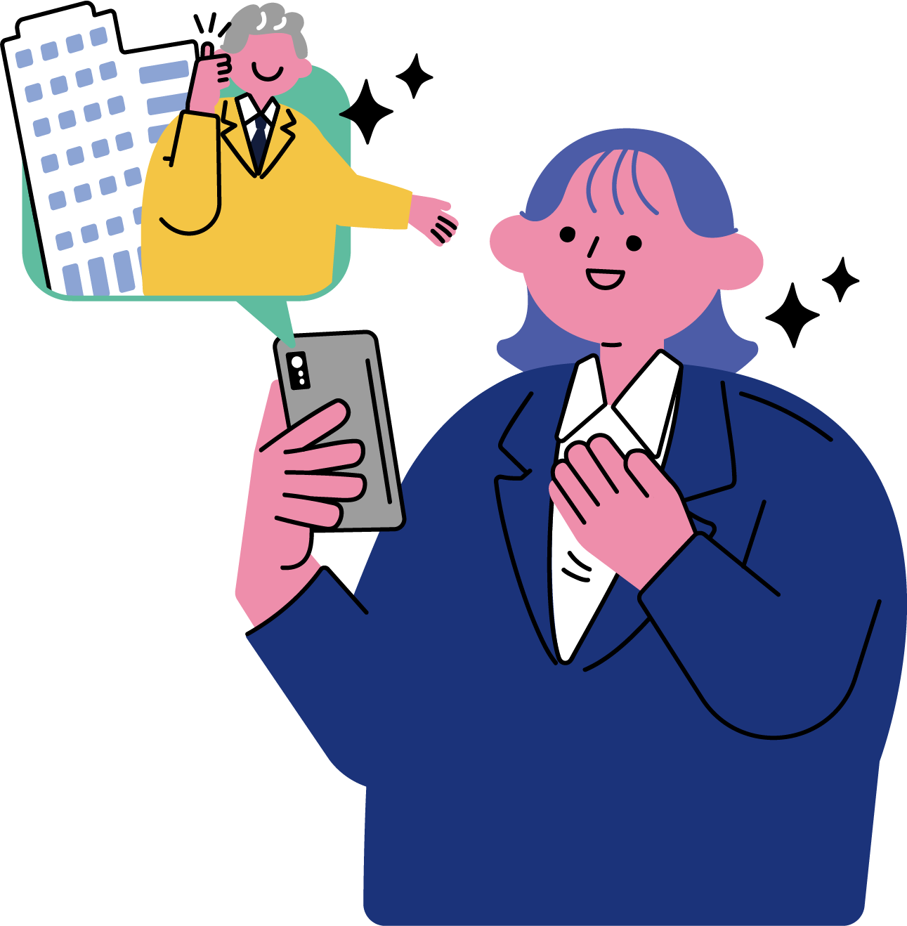 内定通知を受けて喜ぶ女性のフリーイラスト（カラフル配色・商用可）