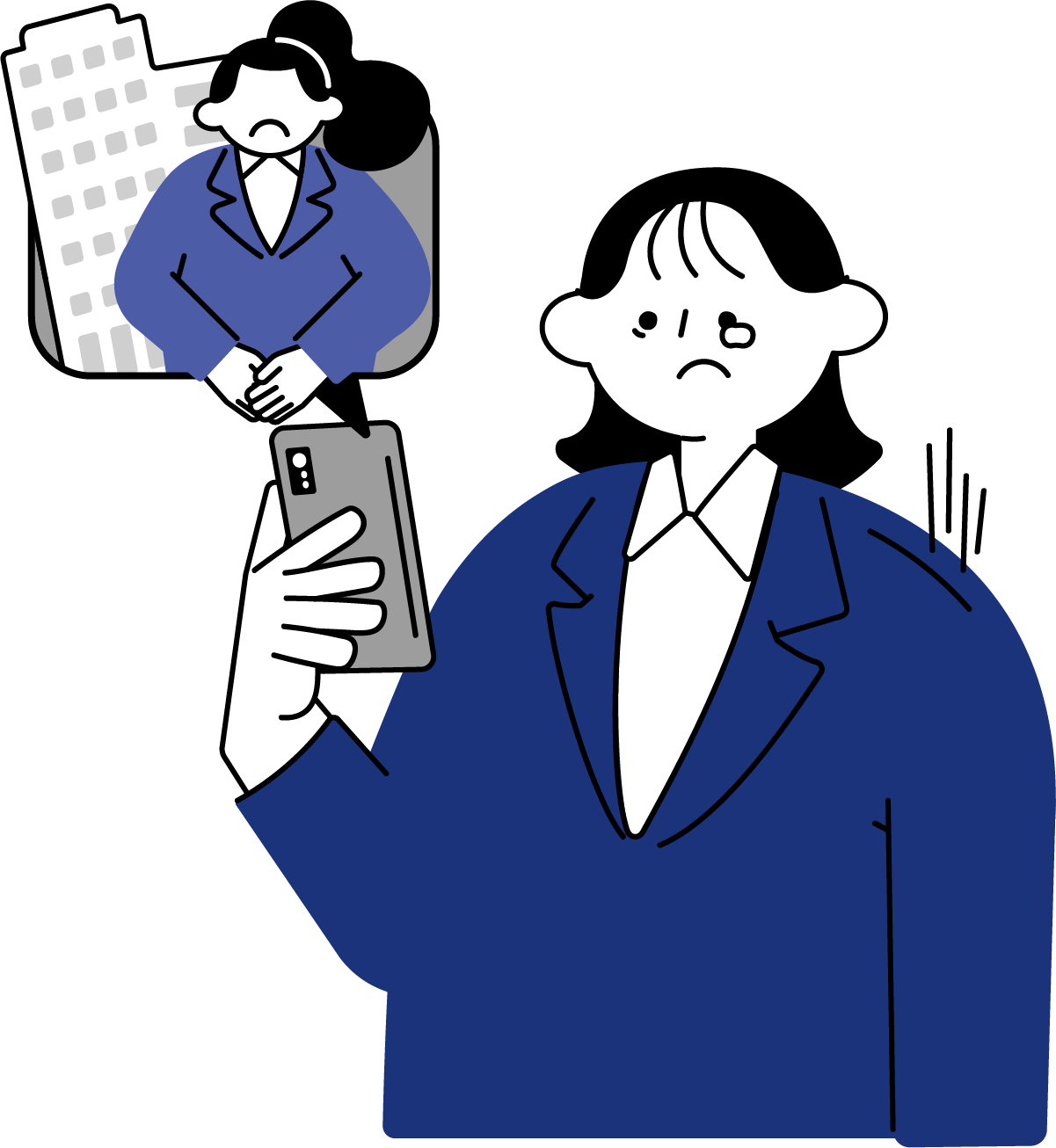 不採用通知にショックを受ける女性のフリーイラスト（シンプル配色・商用可）