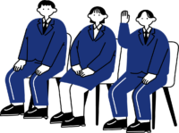 集団面接で挙手する応募者のフリーイラスト（シンプル配色・商用可）