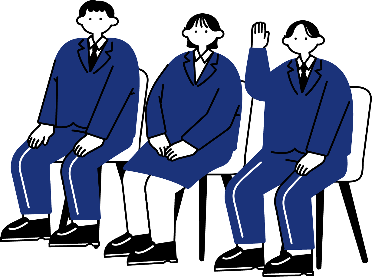 集団面接で挙手する応募者のフリーイラスト（シンプル配色・商用可）