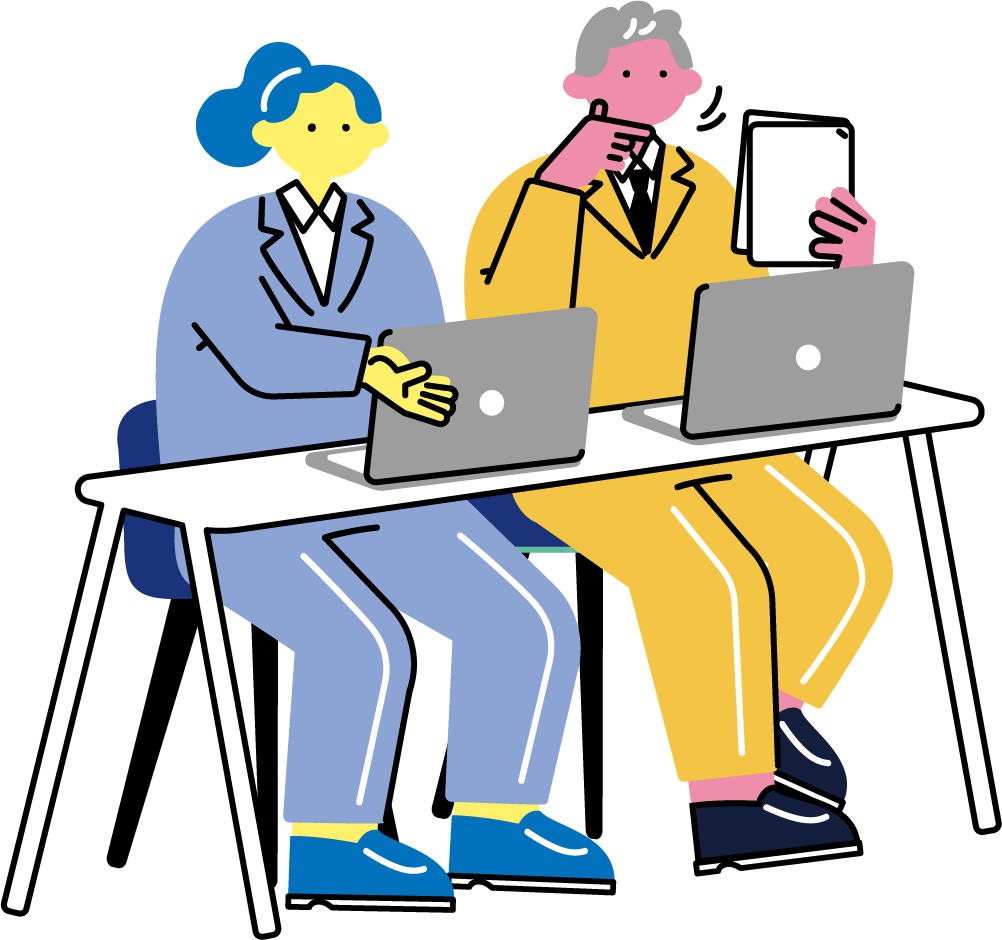 面接官が履歴書を確認するフリーイラスト（カラフル配色・商用可）