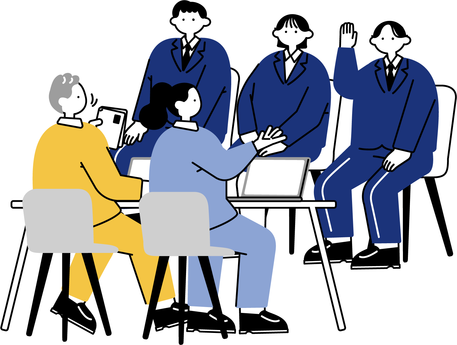 集団面接で挙手する応募者のフリーイラスト（シンプル配色・商用可）