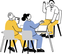 中途採用の面接官と向き合う男性のフリーイラスト（シンプル配色・商用可）