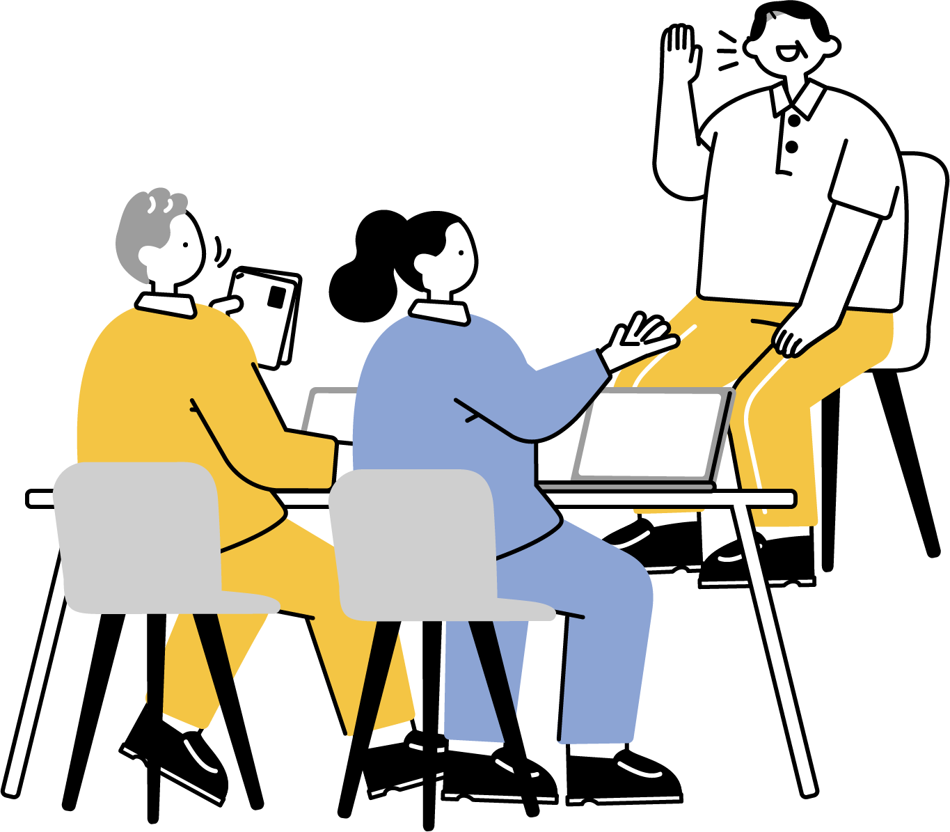 中途採用の面接官と向き合う男性のフリーイラスト（シンプル配色・商用可）