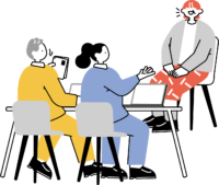 中途採用の面接官と向き合う女性のフリーイラスト（シンプル配色・商用可）