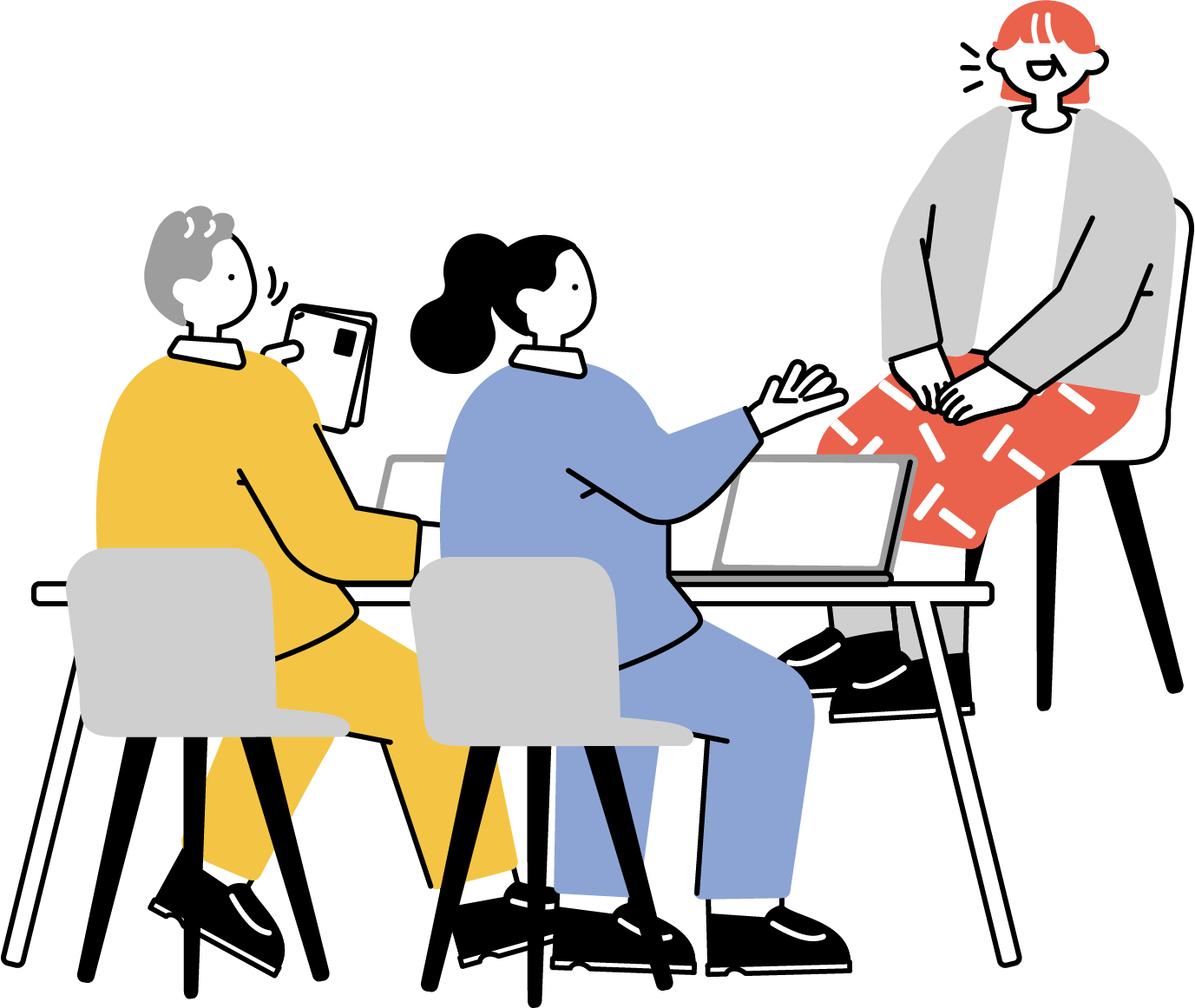中途採用の面接官と向き合う女性のフリーイラスト（シンプル配色・商用可）