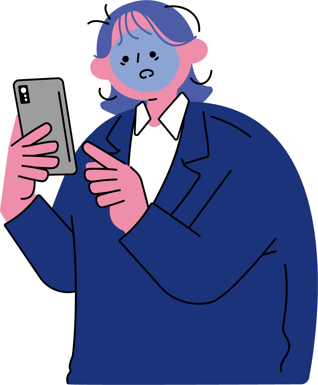 スマホを見てショックを受ける女性のフリーイラスト（カラフル配色・商用可）